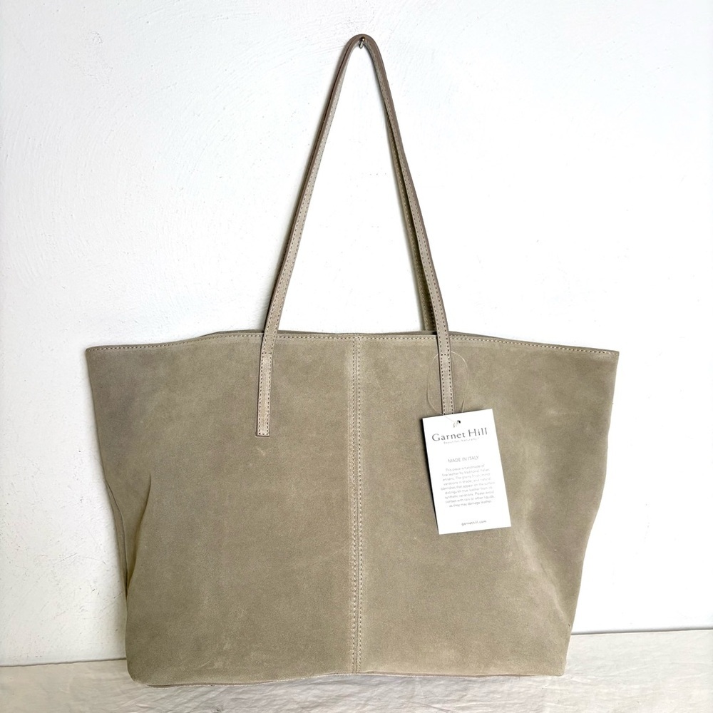 GARNET HILL Suede Leather Tote Made in Italy New w Tags Sand Beige Taupe Cream